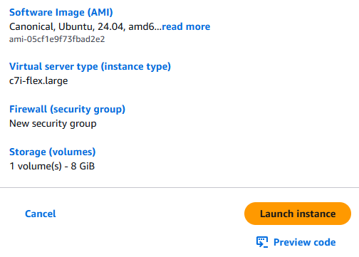 AWS EC2 launch summary showing Ubuntu OS, c7i-flex.large type, and 8 GB storage